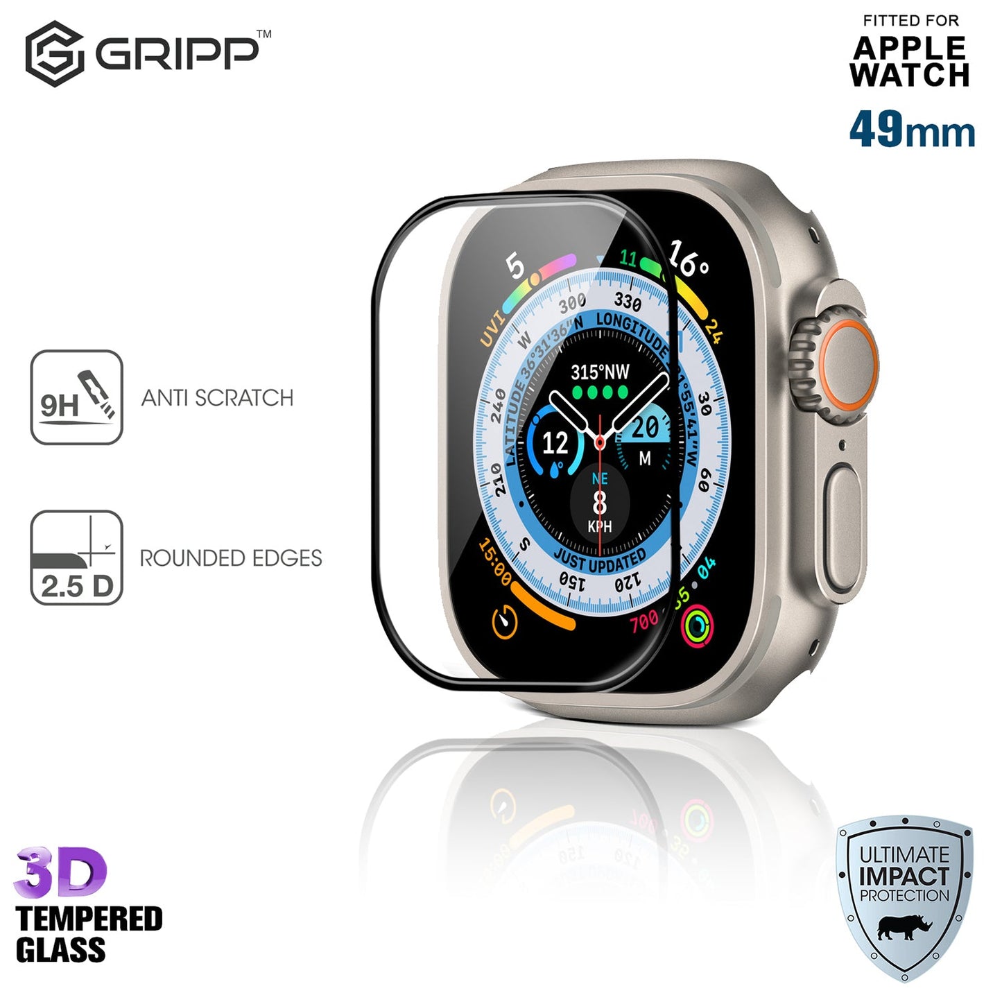 Gripp 3d Tempered Glass For Apple Watch 49mm - Black