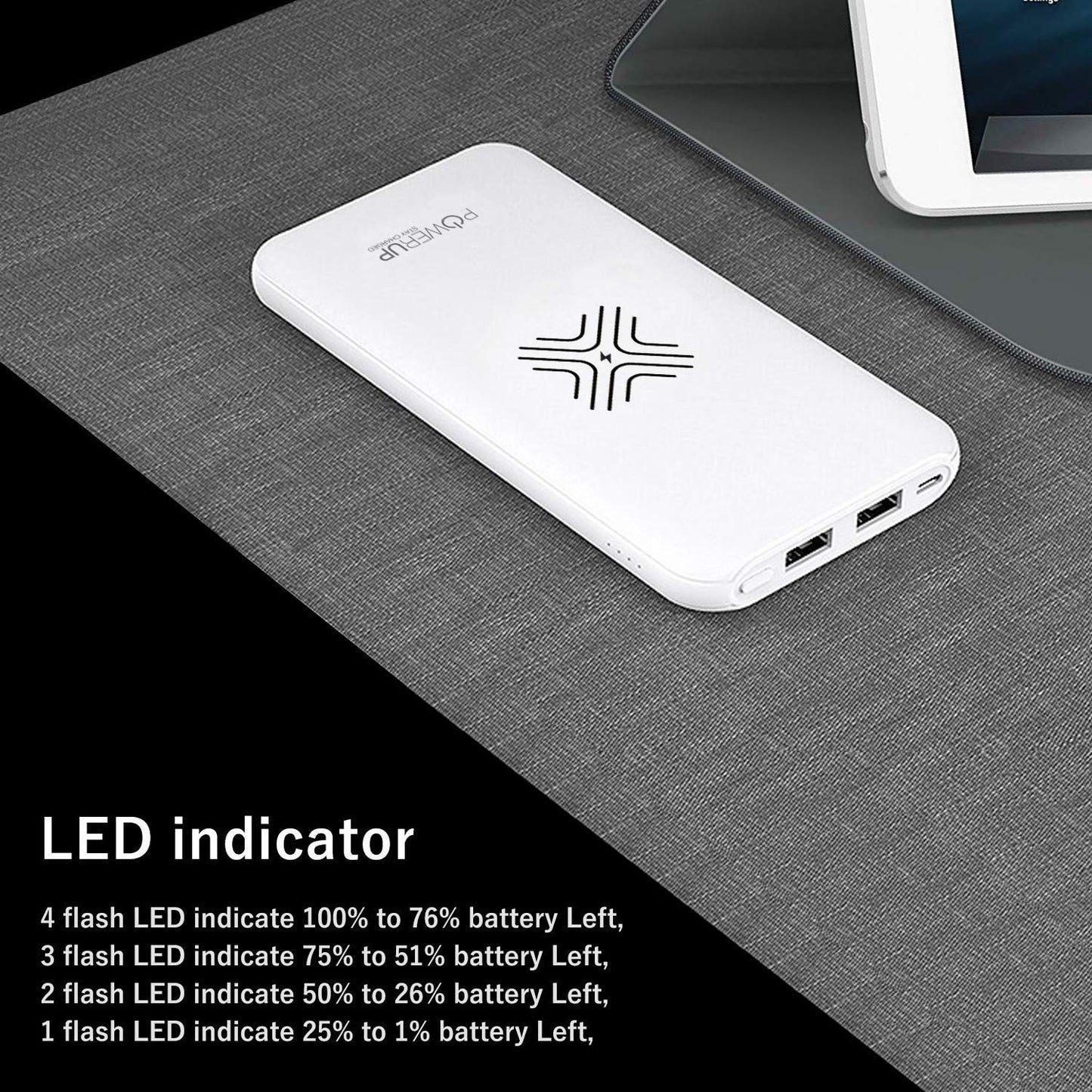 Powerup Wireless + 2 Usb Port 10000mah Power Bank Li-polymer 4x Faster - White