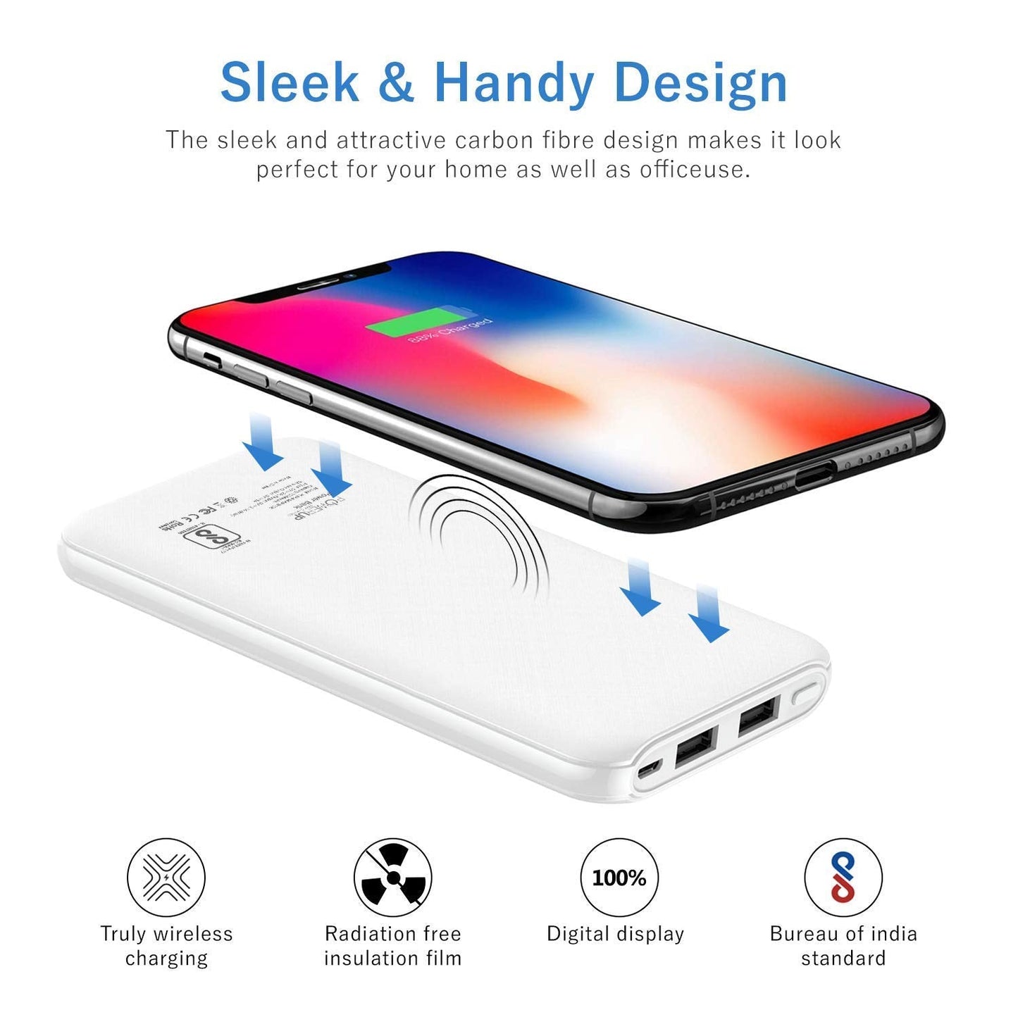 Powerup Wireless + 2 Usb Port 10000mah Power Bank Li-polymer 4x Faster - White