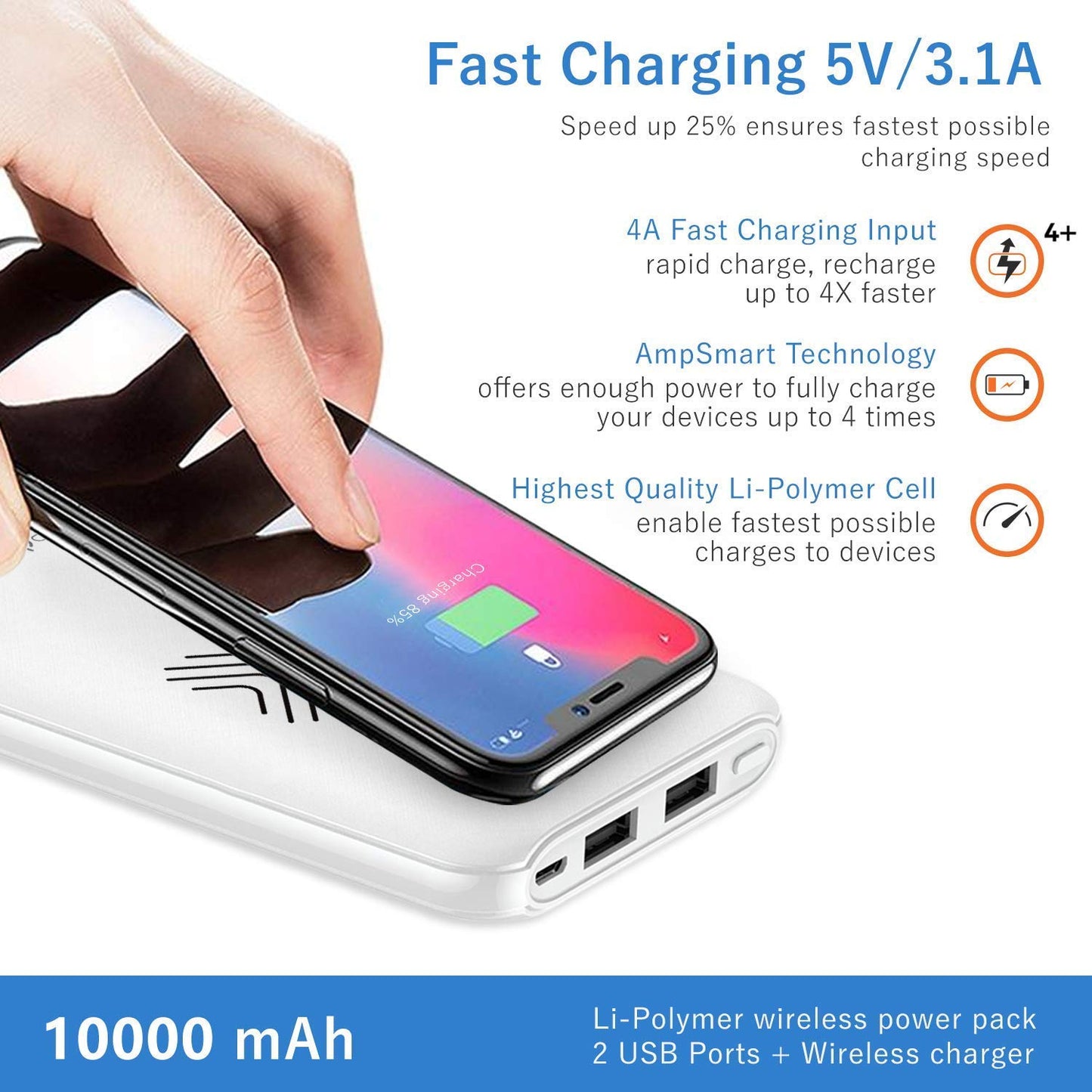 Powerup Wireless + 2 Usb Port 10000mah Power Bank Li-polymer 4x Faster - White