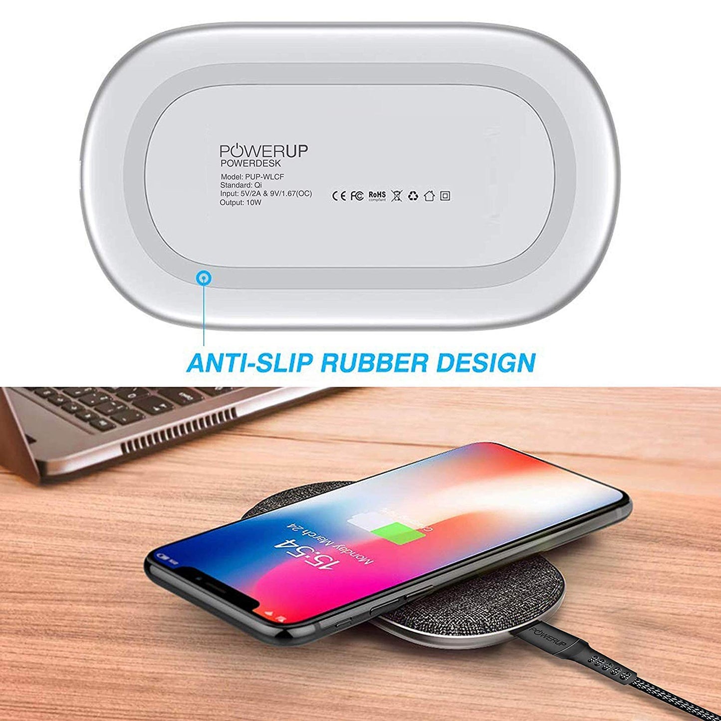 Powerup Power Desk Wireless Charger Dual Coil 10w Quick Charger - Grey