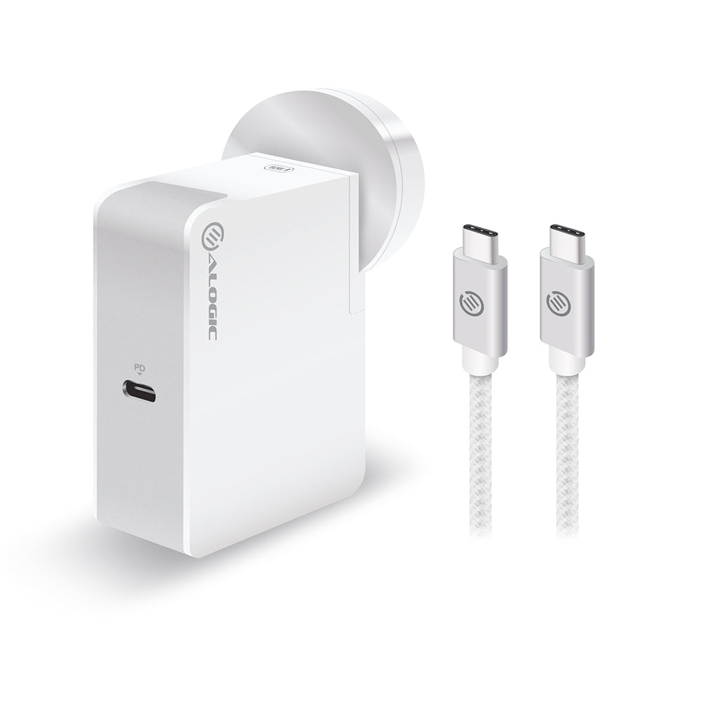 Alogic 60w Usb-c Wall Charger With Power Delivery, Travel Edition With Au, Eu, Uk, Us Plugs, Compatible With Macbook, Hp, Dell, Lenovo, Asus / Any Laptops Or Smart Phones Or Ipads/ Tablets With Usb-c- 2m Cable Included.