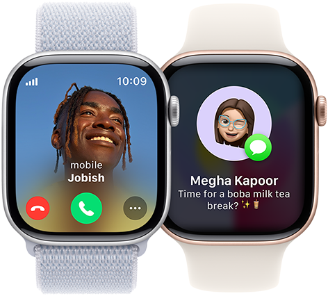 An incoming call on an Apple Watch Series 10 and an incoming text on another Apple Watch Series 10