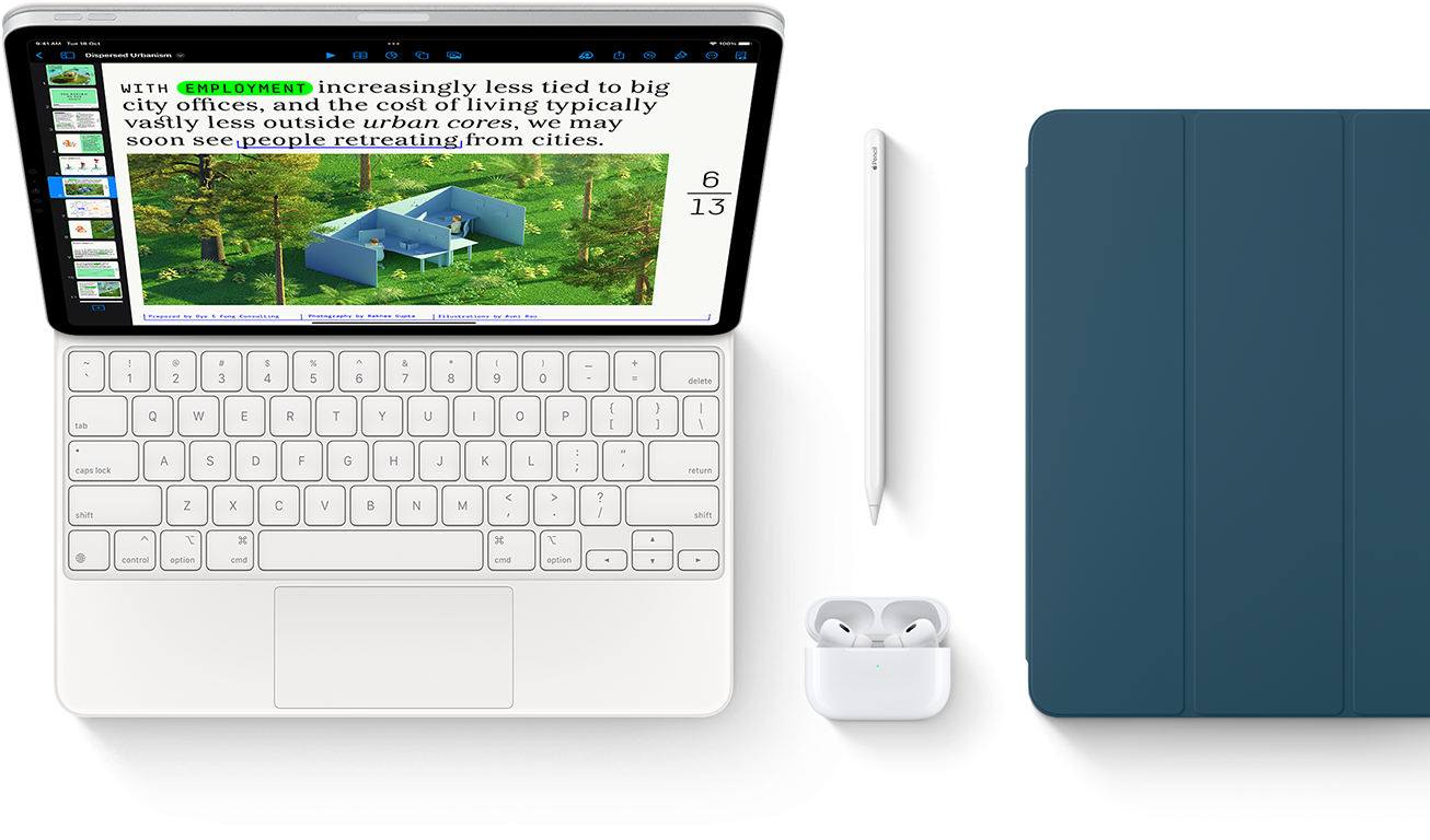 Smart Keyboard Folio, Apple Pencil, AirPods Pro, and iPad Cover in Marine Blue.